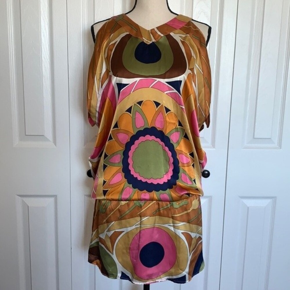 Voom by Joy Han 100% Silk Cold Shoulder Drop Waist Tunic Dress Sz S Groovy Boho